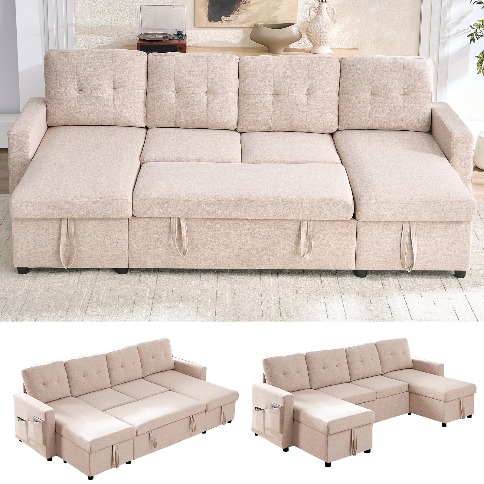 Mjkone Oversized U Shaped Sectional Sleeper Sofa Bed with Double Storage Chaise,Convertible Pull Out Couch Bed with Side Pocket for Living Room/Apartment,