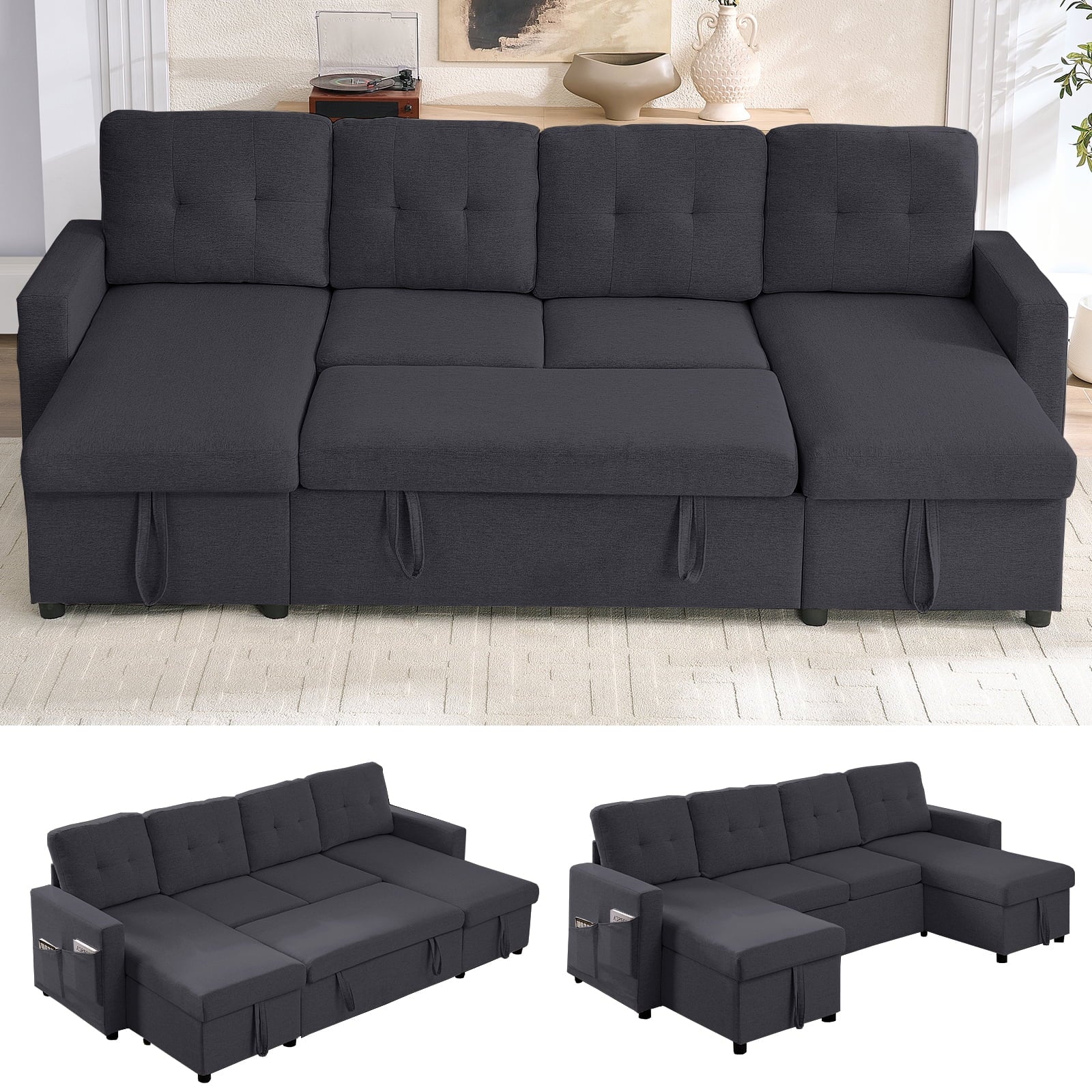 Mjkone Oversized U Shaped Sectional Sleeper Sofa Bed with Double Storage Chaise,Convertible Pull Out Couch Bed with Side Pocket for Living Room/Apartment,