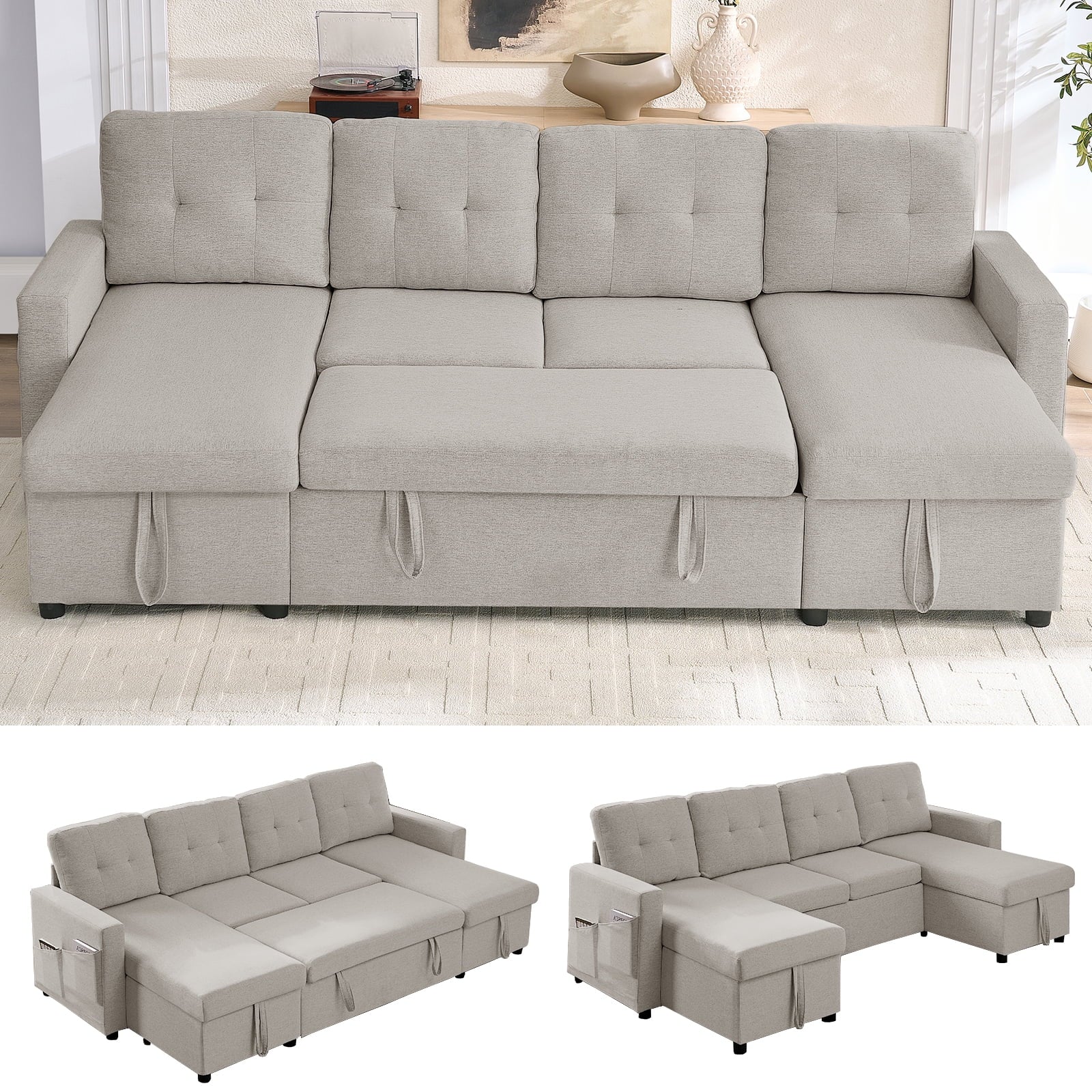 Mjkone Oversized U Shaped Sectional Sleeper Sofa Bed with Double Storage Chaise,Convertible Pull Out Couch Bed with Side Pocket for Living Room/Apartment,