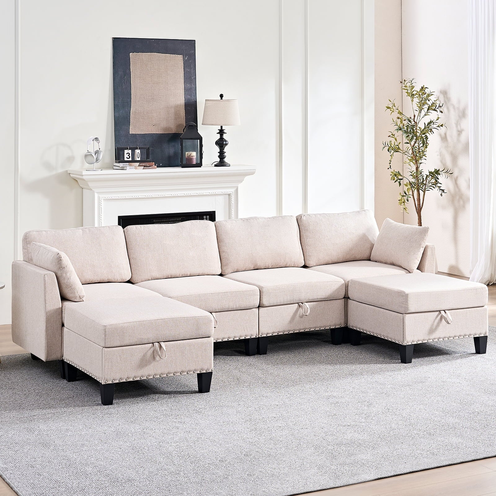 Mjkone Oversized U Shaped Sectional Sofa with Storage, Linen 6 Seater Modular Sectional Sofa Sleeper for Living Room