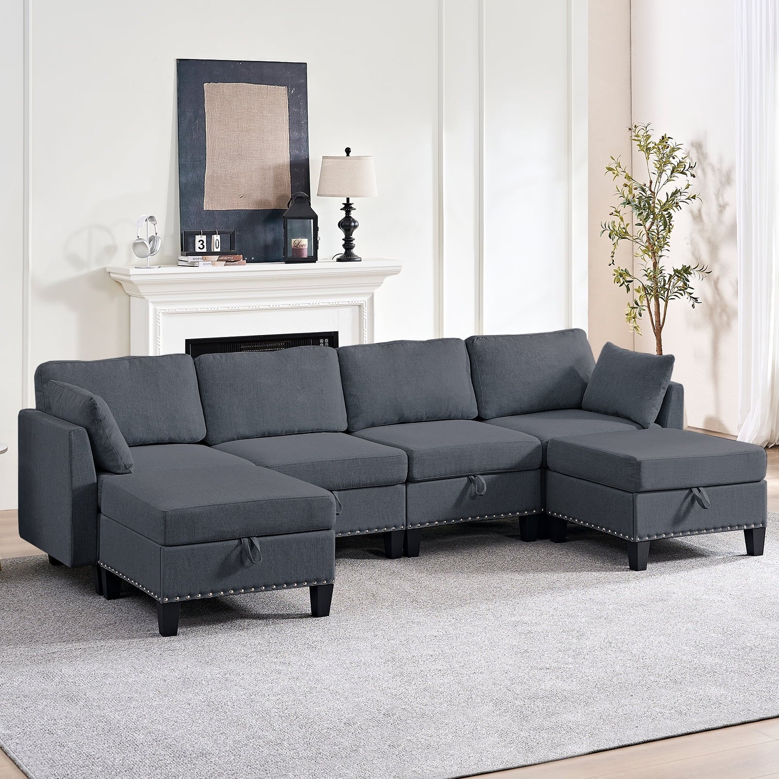 Mjkone Oversized U Shaped Sectional Sofa with Storage, Linen 6 Seater Modular Sectional Sofa Sleeper for Living Room