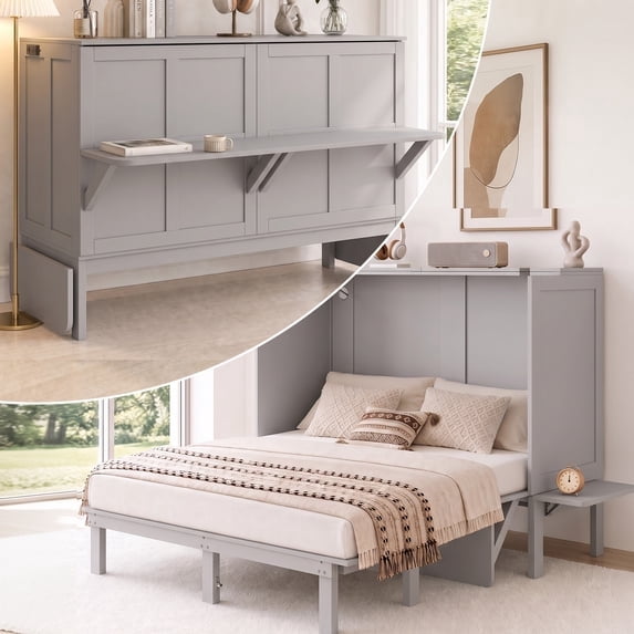 Mjkone Murphy Bed Full with Desk,Space-Saving Cabinet Bed with Desk and Shelves,Multifunctional Murphy Bed with Mattress