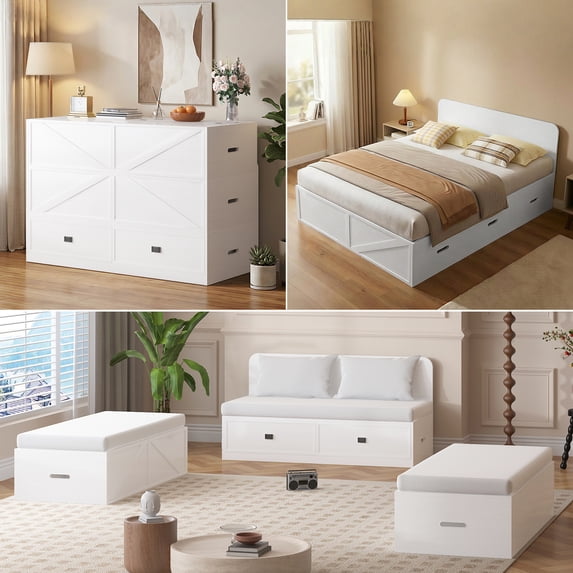 Mjkone Full Murphy Bed with Mattress Included,Murphy Cabinet Bed with Storage Drawers,Multifunctional Cabinet Beds for Living Room/Bedroom