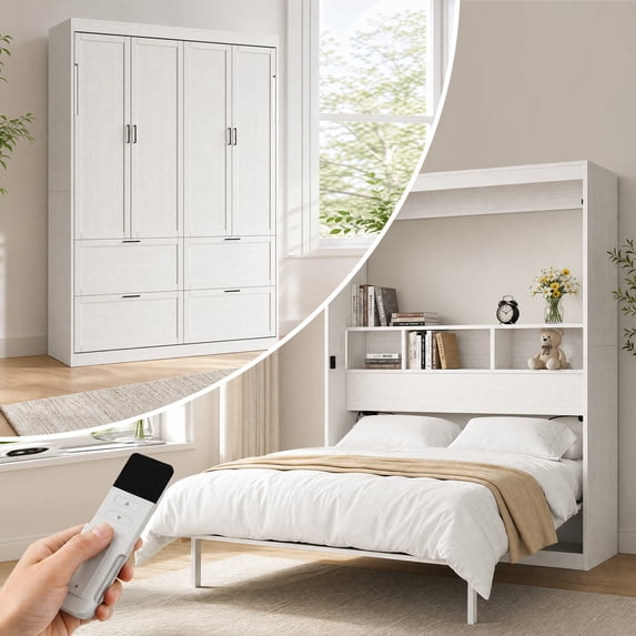 Mjkone Electric Full Size Murphy Wall Bed,Multifunctional Automatic Wall Bed with Shelves,Space-Saving Foldable Cabinet Bed for Bedroom