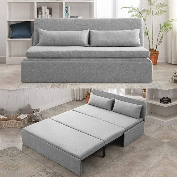 Mjkone Queen Size Convertible Sofa Bed, Modern Pull Out Linen Sleeper Sofa Couch, Revesible Couch Bed with Cushions&Throw Pillows for Small Place/Apartment/Living Room/Office/Studio