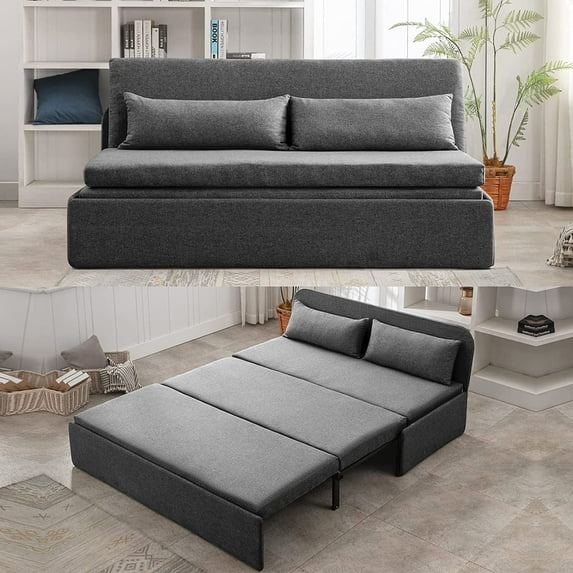 Mjkone Queen Size Convertible Sofa Bed, Modern Pull Out Linen Sleeper Sofa Couch, Revesible Couch Bed with Cushions&Throw Pillows for Small Place/Apartment/Living Room/Office/Studio