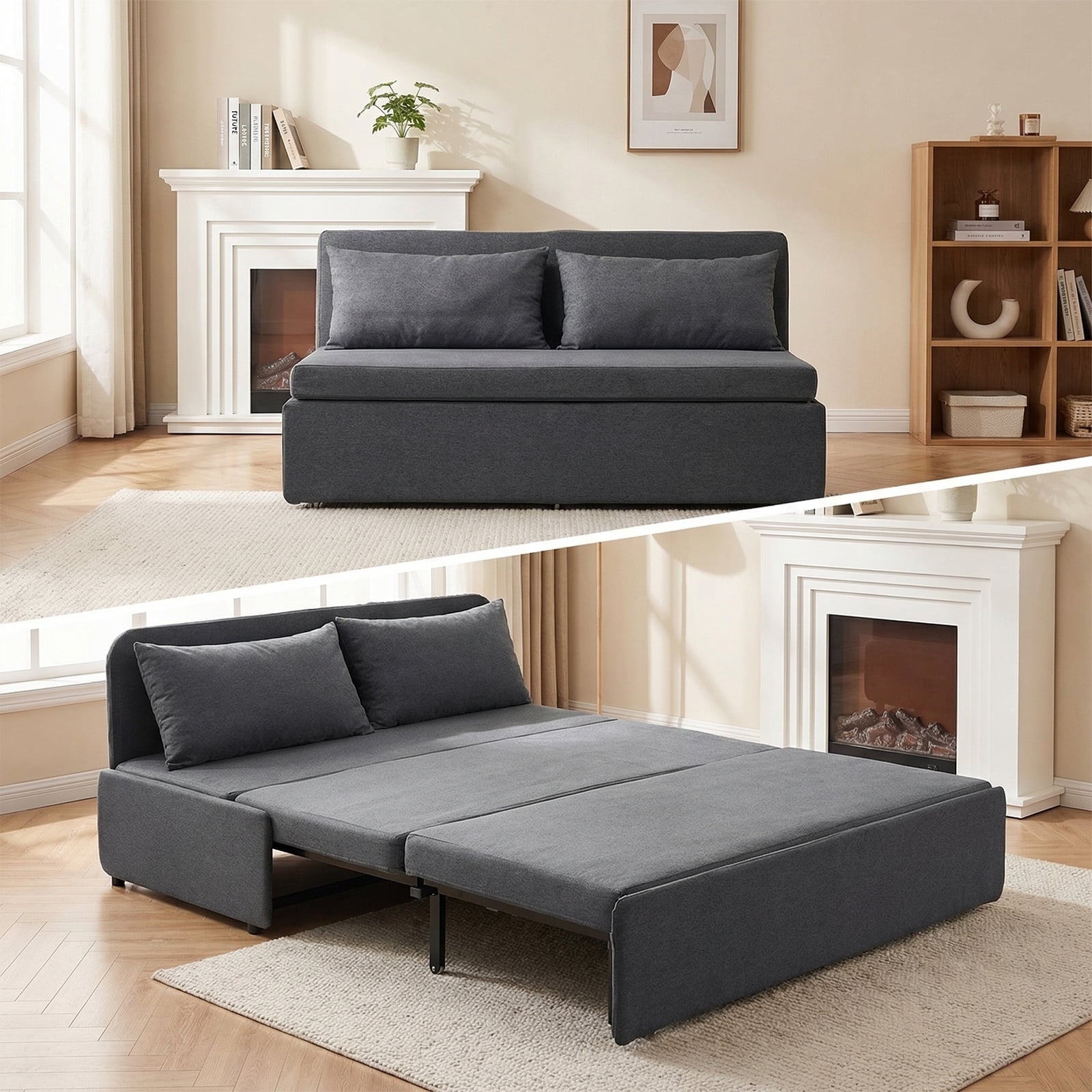 Mjkone Convertible Sofa Bed Queen Size,Linen Pull Out Sofa Bed with Cushions&Throw Pillows,Revesible Sleeper Couch for Apartment/Small Spaces