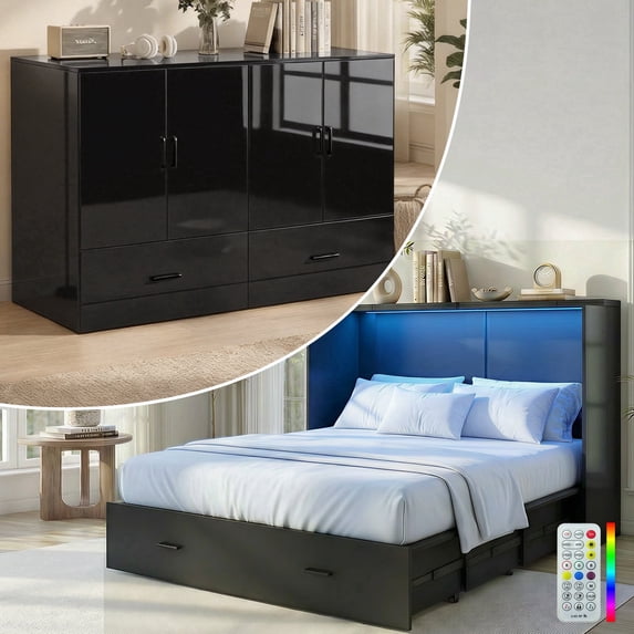 Mjkone Queen Size Murphy Bed with LED Light,Murphy Cabinet Bed with Folding Mattress,Convertible Cabinet Bed for Small Space