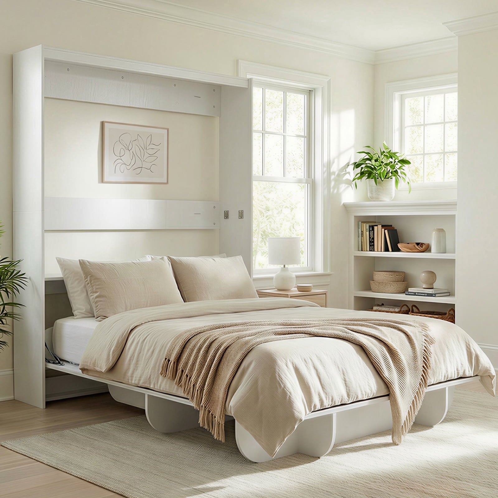 Mjkone Murphy Wall Bed Queen Size,Wall Bed with Shelves,Multifunctional Murphy Bed for Small Space/Bedroom/Guest Room,White