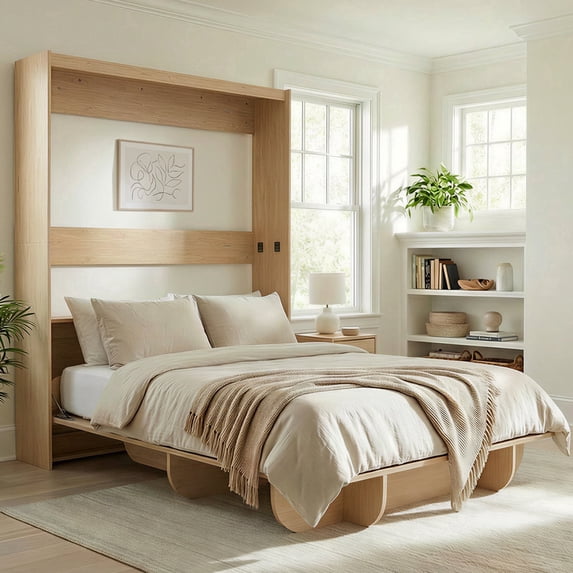 Mjkone Murphy Wall Bed Queen Size,Wall Bed with Shelves,Multifunctional Murphy Bed for Small Space/Bedroom/Guest Room