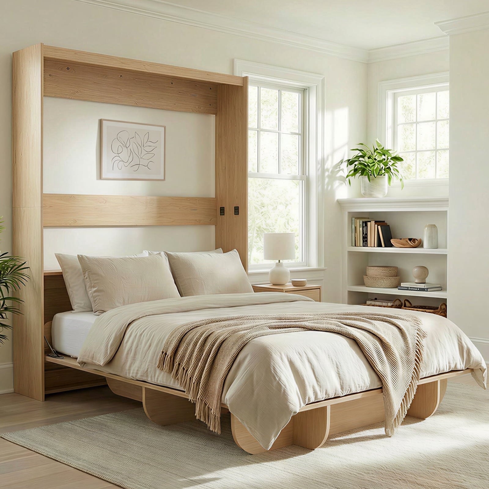 Mjkone Murphy Wall Bed Queen Size,Wall Bed with Shelves,Multifunctional Murphy Bed for Small Space/Bedroom/Guest Room,White