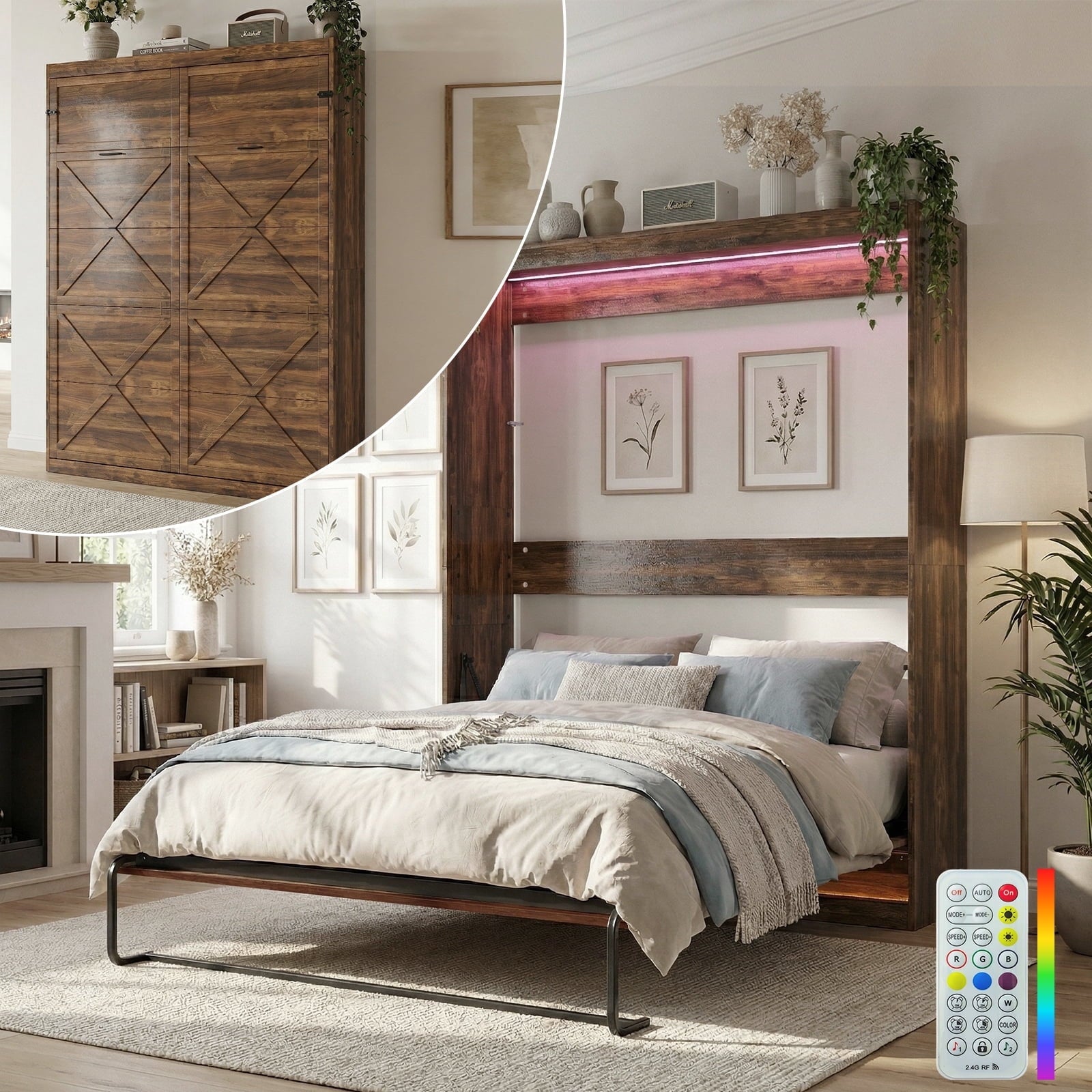 Mjkone Full Size Murphy Wall Bed with 2 LED Lights,Convertible Wall Bed into a Cabinet for Living Room/Bedroom/Guest Room