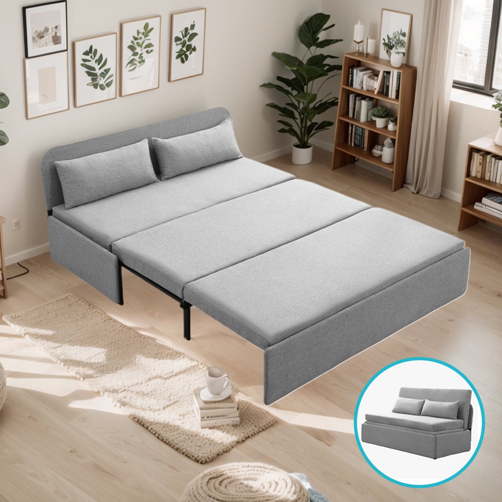 Mjkone 3-in-1 Convertible Sleeper Sofa Bed, 63"Pull Out Bed for Apartment/Small Space, Upholstered Futon Sofa Bed