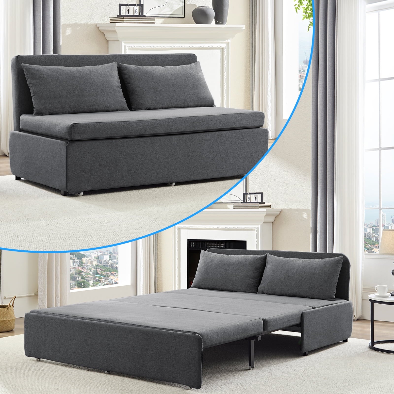 Mjkone 3-in-1 Convertible Sleeper Sofa Bed, 63"Pull Out Bed for Apartment/Small Space, Upholstered Futon Sofa Bed