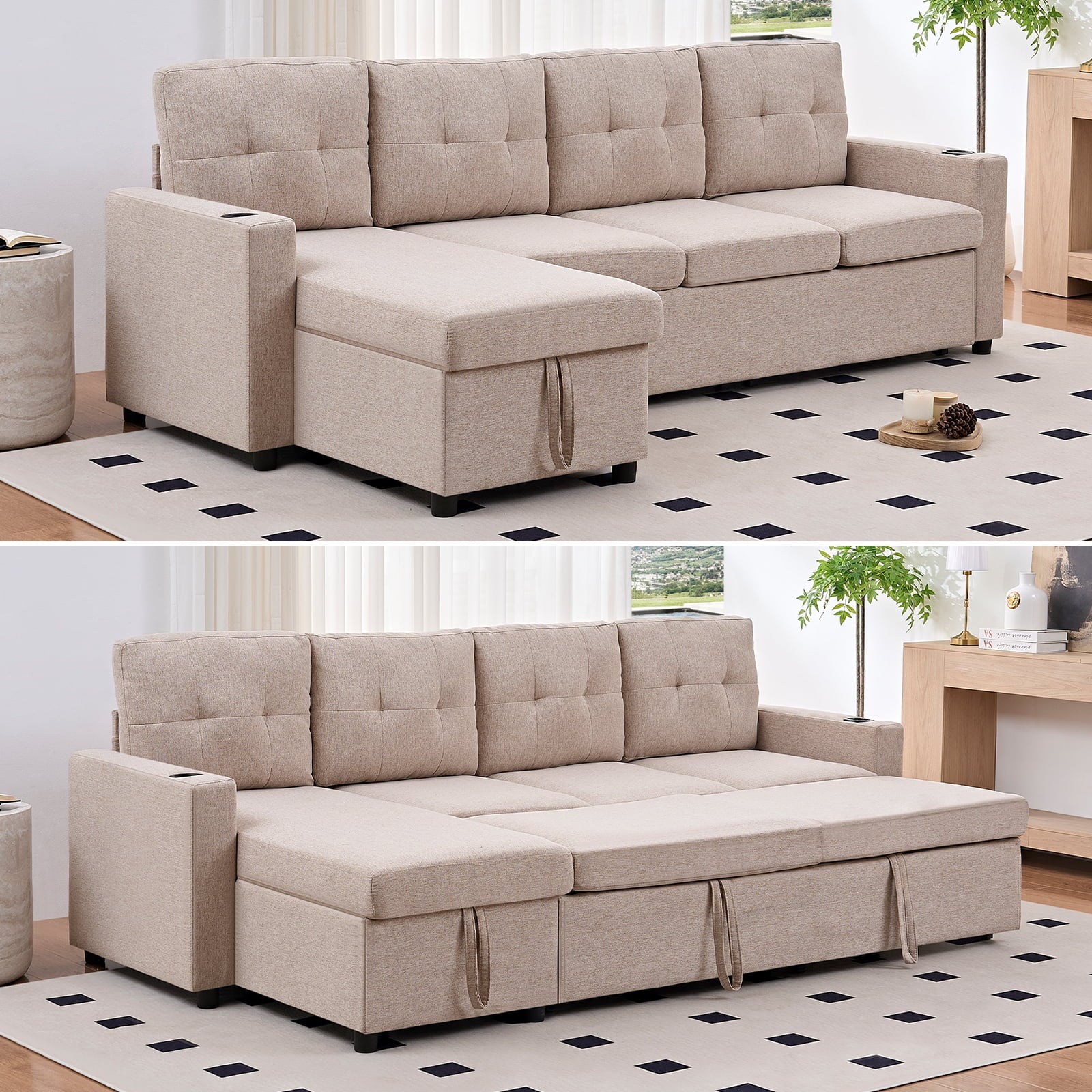 Mjkone Sleeper Sectional Sofa Bed with Double Storage Chaise,Linen U-Shaped Sofa with Pull Out Couch Bed -