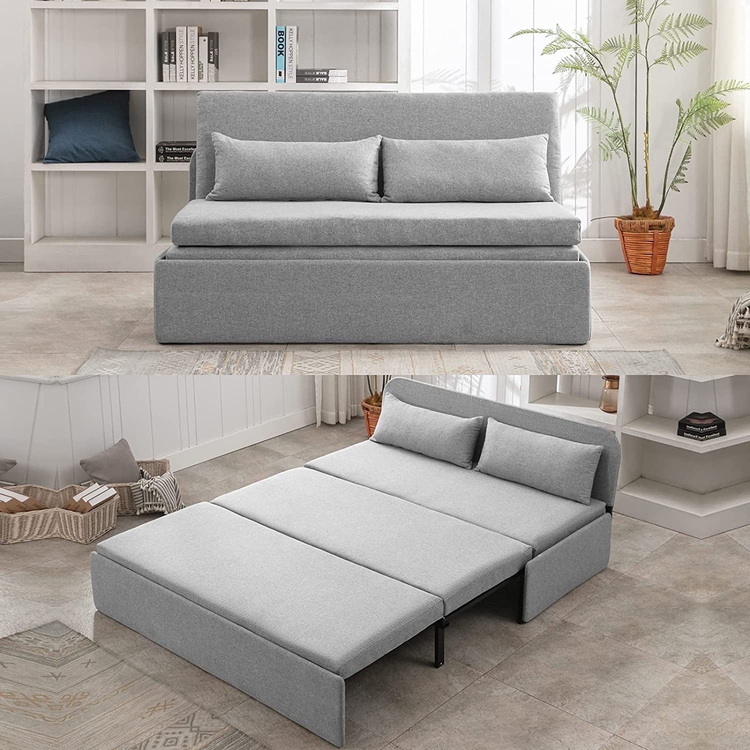 Mjkone Queen Size Convertible Sofa Bed, Modern Pull Out Linen Sleeper Sofa Couch, Revesible Couch Bed with Cushions&Throw Pillows for Small Place/Apartment/Living Room/Office/Studio