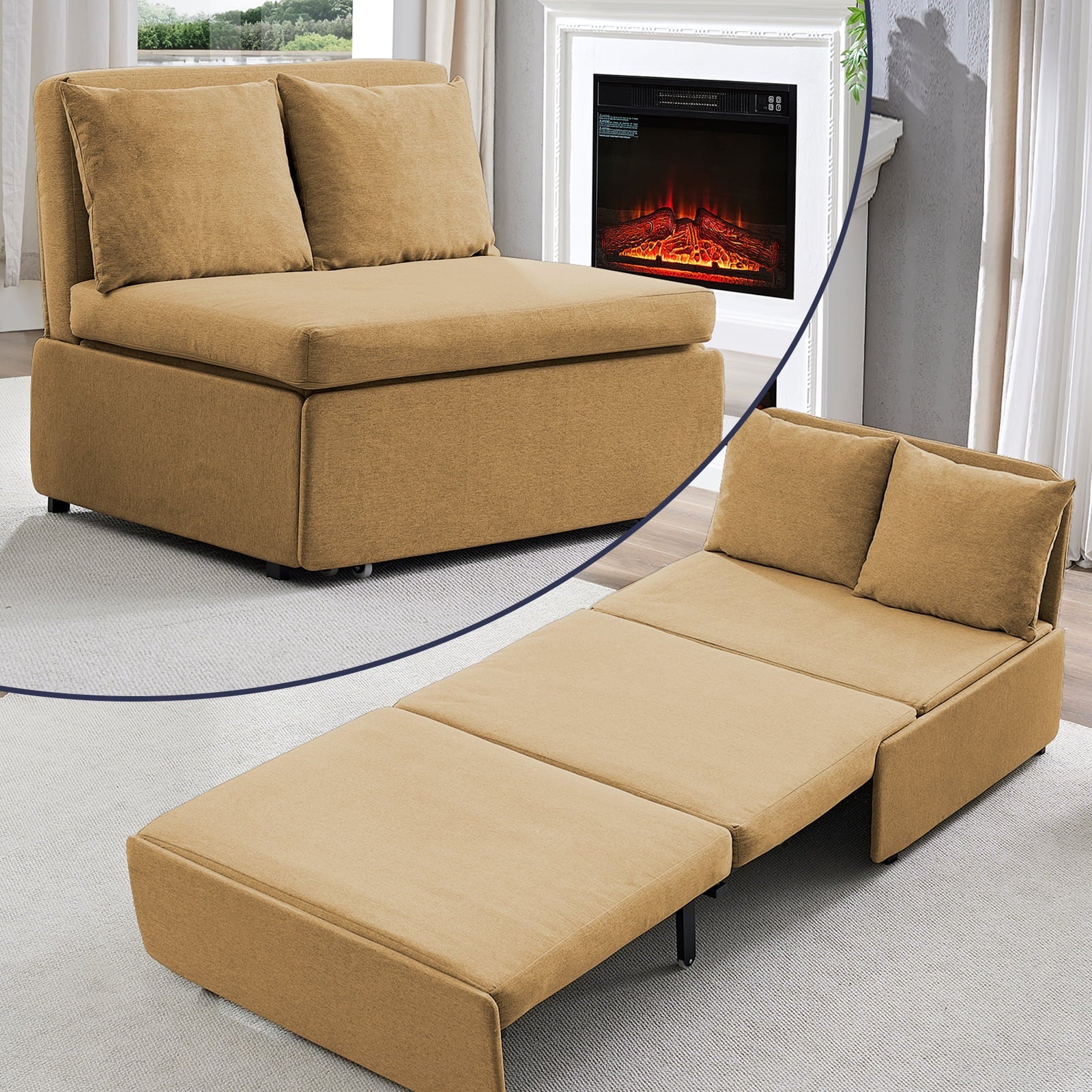 Mjkone Twin Size Convertible Sofa Bed, Modern Pull Out Linen Sleeper Sofa Couch, Revesible Couch Bed with Cushions&Throw Pillows for Small Place/Apartment/Living Room/Office/Studio