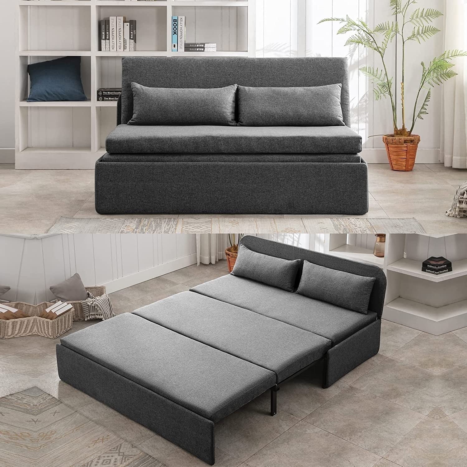 Mjkone Queen Size Convertible Sofa Bed, Modern Pull Out Linen Sleeper Sofa Couch, Revesible Couch Bed with Cushions&Throw Pillows for Small Place/Apartment/Living Room/Office/Studio