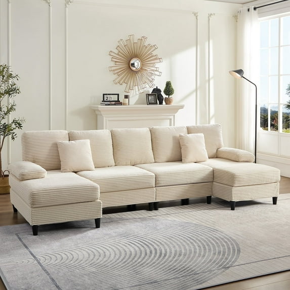 Mjkone U-Shaped Sectional Sofa, 4 Seats Corduroy Couch with Double Chaise for Living Room -