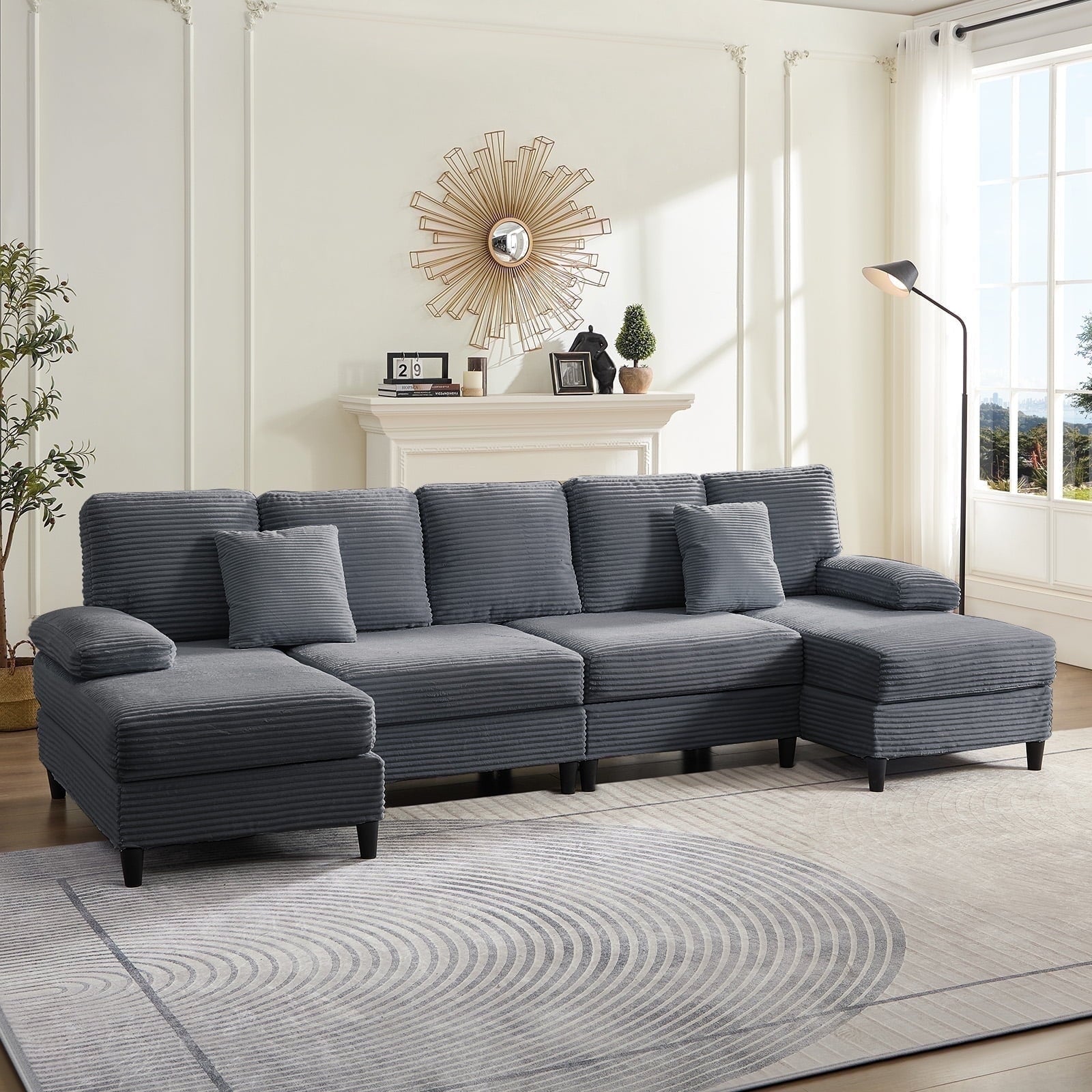 Mjkone U-Shaped Sectional Sofa, 4 Seats Corduroy Couch with Double Chaise for Living Room -