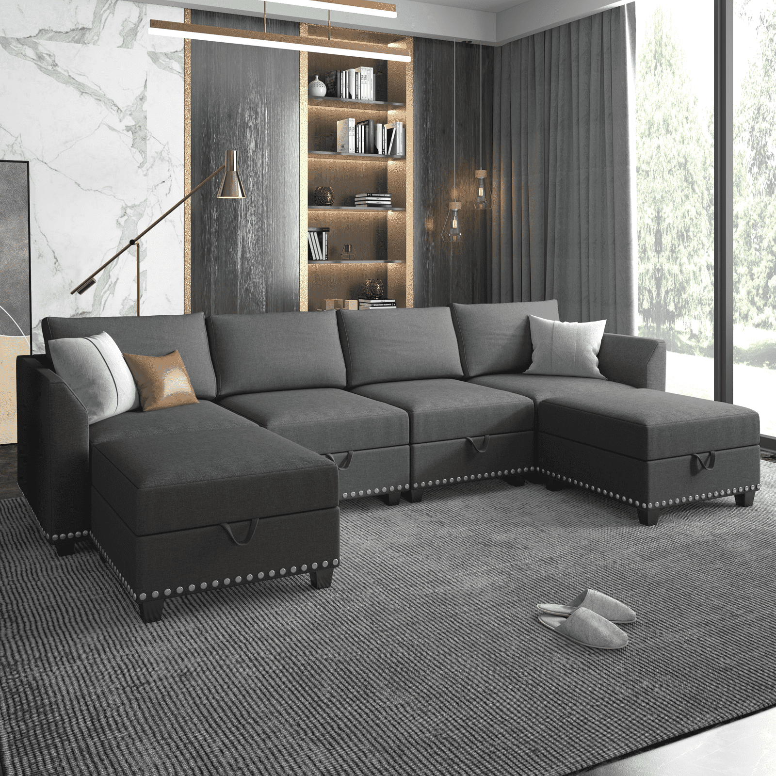 Mjkone U Shaped Sectional Sofa with Storage, 6 Seater Modular Sectional Sofa with Nailhead Trim, Oversized Sleeper Sofa Couch Bed, Convertible Couches for Living Room,Free Combination