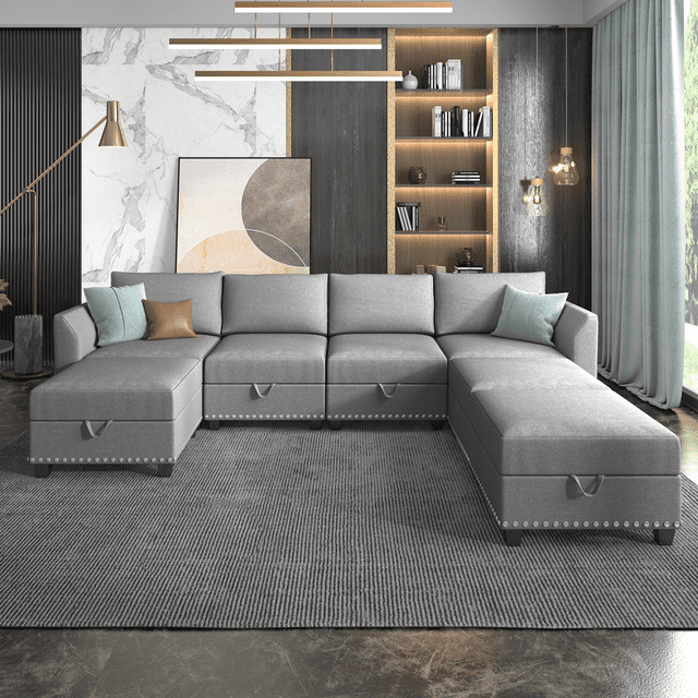 Cecer U Shaped Sectional Sofa with Storage, 6 Seater Modular Sectional Sofa