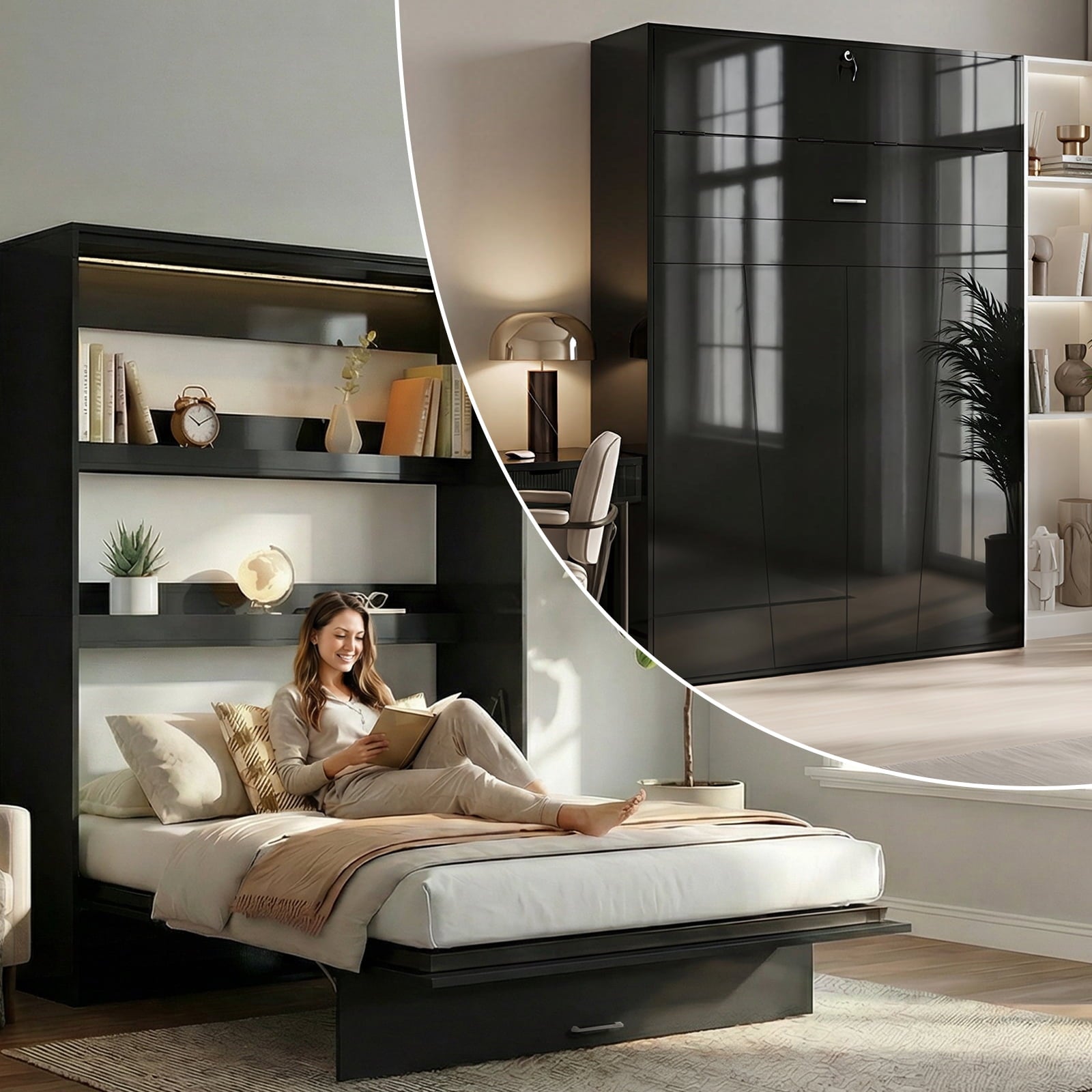 Mjkone Full Size Murphy Wall Bed with 2 LED Lights,Convertible Wall Bed into a Cabinet for Living Room/Bedroom/Guest Room
