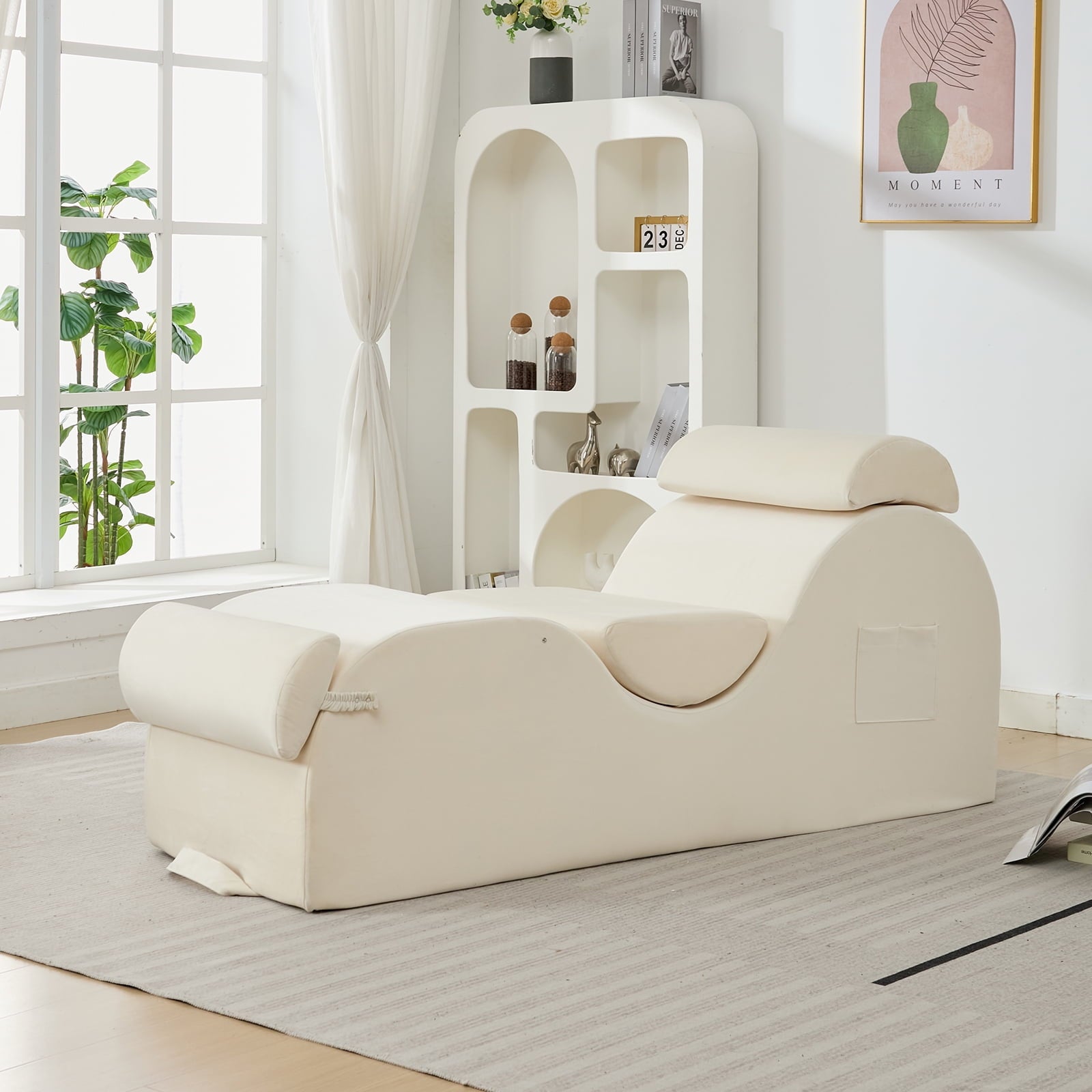 Mjkone Yoga Chair, Velvet Yoga Chaise Lounge for Adults with Carrying Handle, Oversized Yoga Sofa with 3 Headrests and Side Pocket,