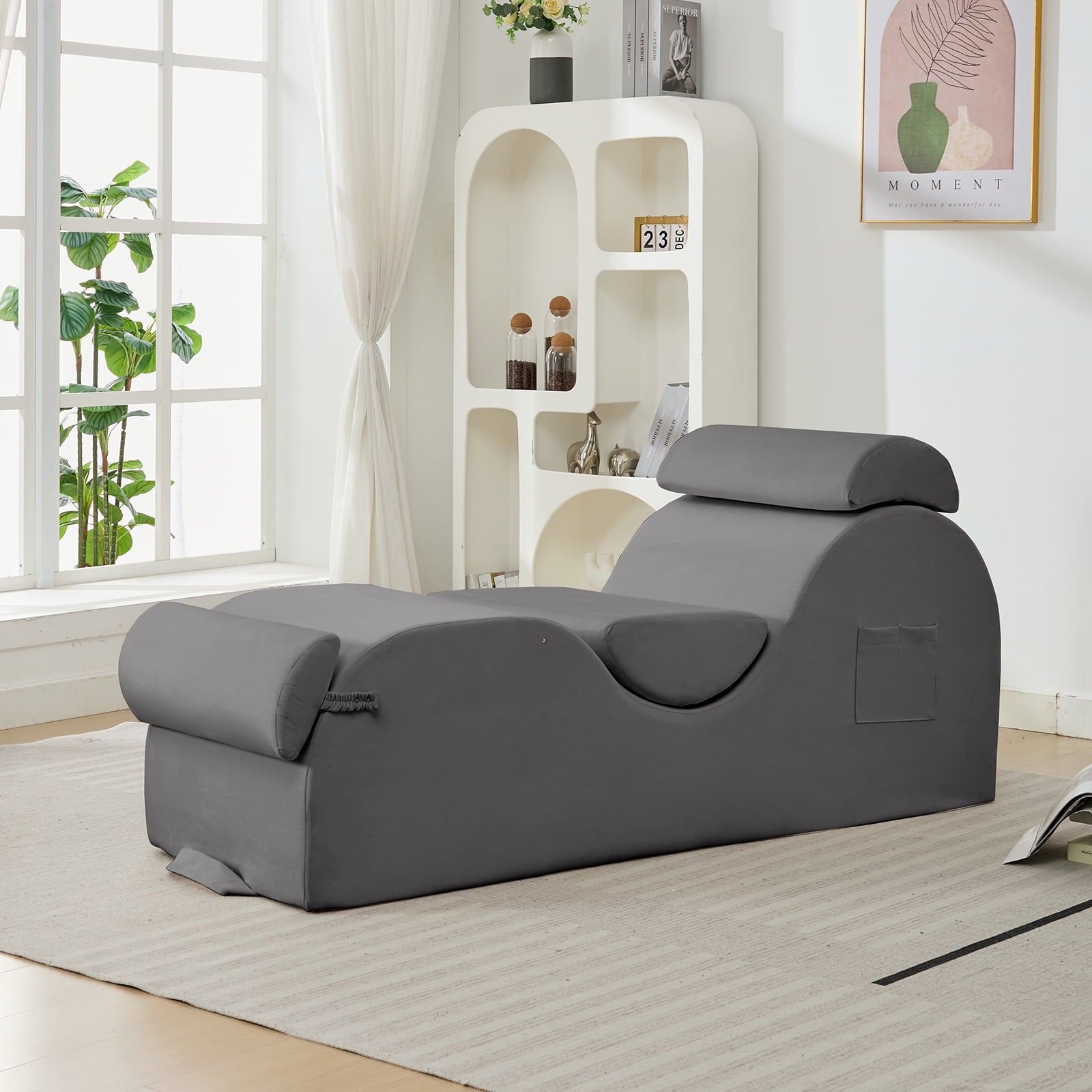 Mjkone Yoga Chair, Velvet Yoga Chaise Lounge for Adults with Carrying Handle, Oversized Yoga Sofa with 3 Headrests and Side Pocket,