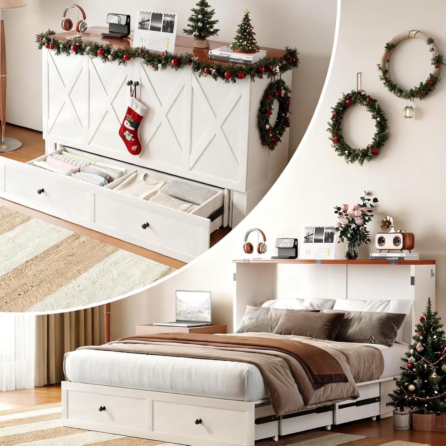 Puremind Queen Size Murphy Bed with Mattress, Murphy Cube Cabinet Bed with USB Charging Station and Large Storage Drawer, Murphy Chest Bed for Guest Room/Home/Office