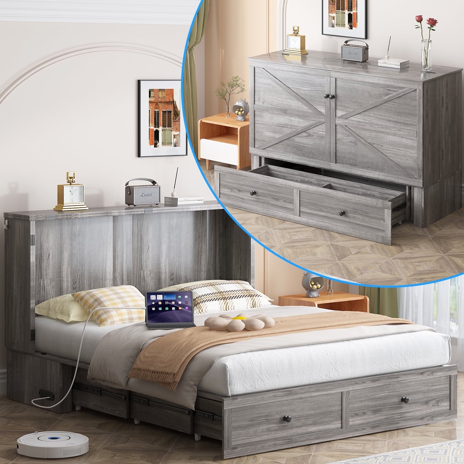 Puremind Queen Size Murphy Bed with Foldable Mattress, Cabinet Bed with Storage Drawer and Charging Ports, Murphy Bed Furniture for Bedroom/Office,