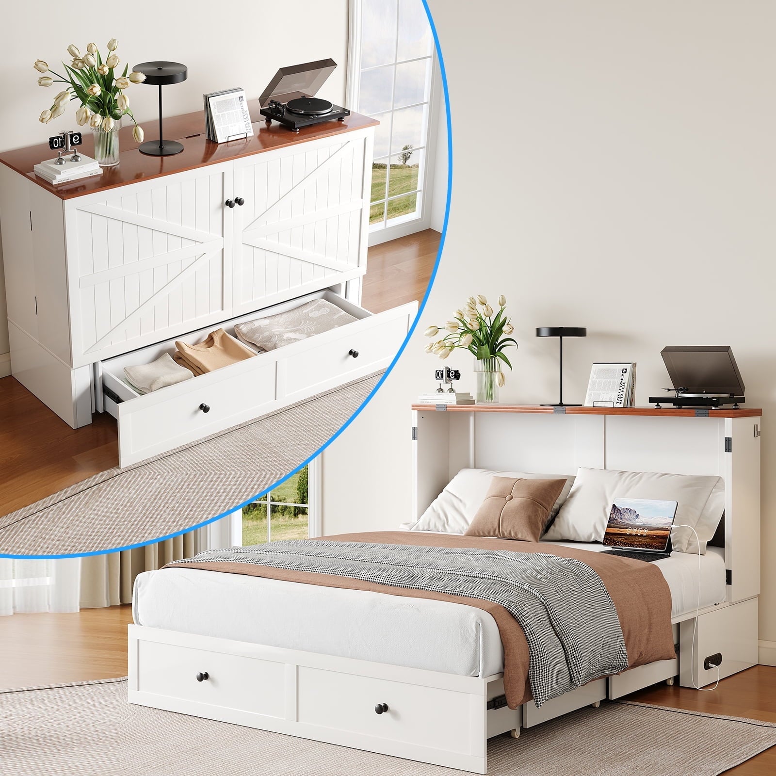Puremind Queen Size Murphy Bed with Foldable Mattress, Cabinet Bed with Storage Drawer and Charging Ports, Murphy Bed Furniture for Bedroom/Office,