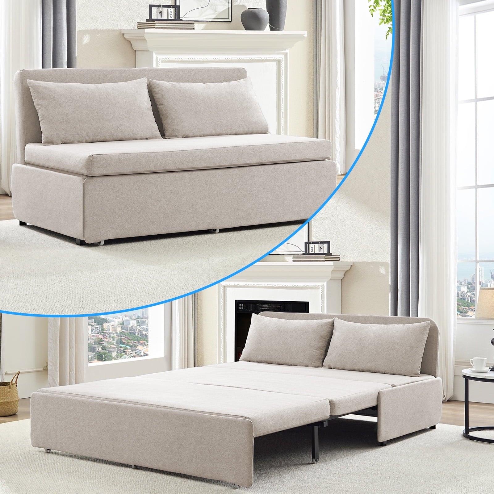 Puremind Pull Out Sofa Bed, Convertible Queen Sleeper Sofa with Mattress, Loveseat Pull Out Couch Bed with 2 Cushions for Small Place/Apartment/Office,