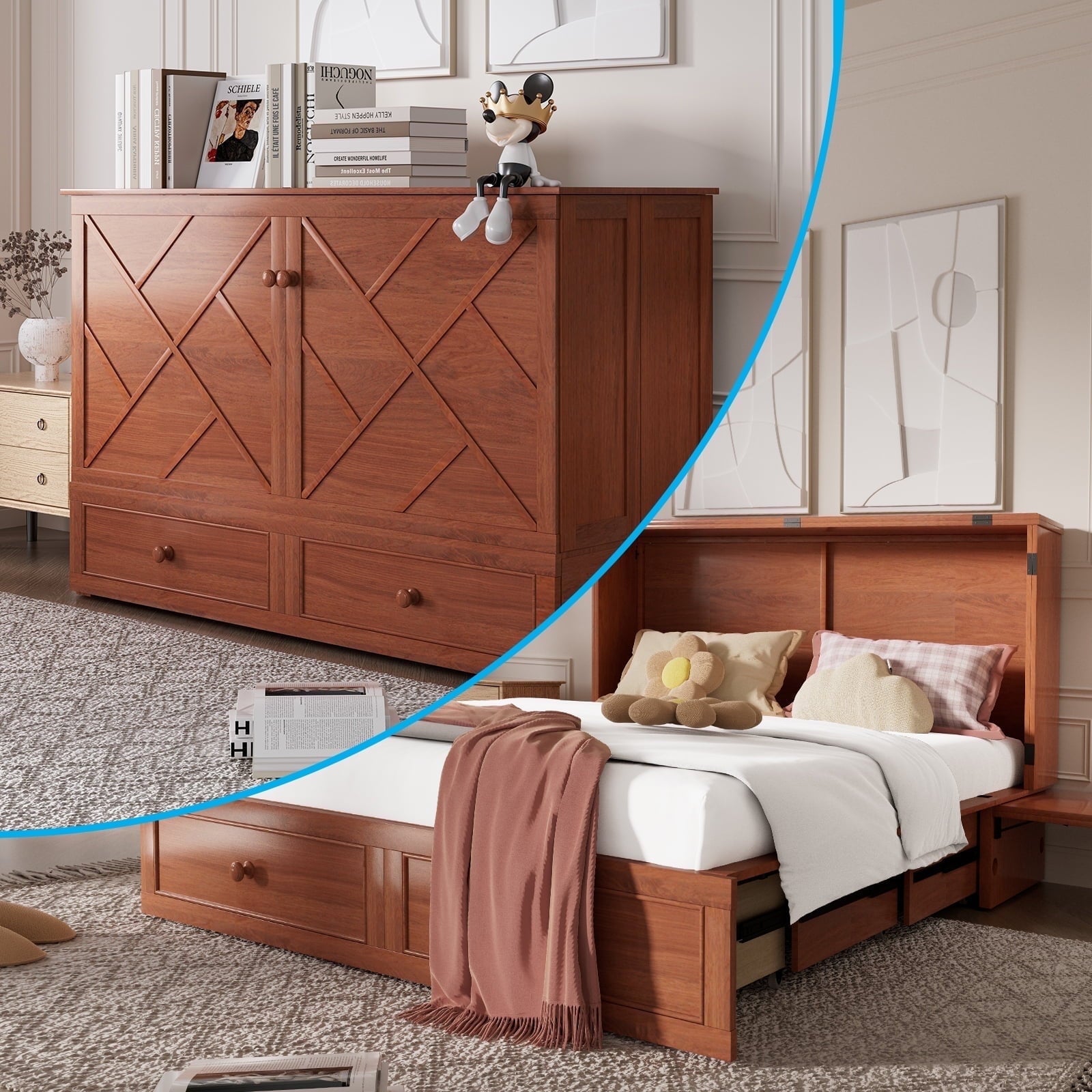 Puremind Queen Size Murphy Bed with Mattress, Murphy Cube Cabinet Bed with USB Charging Station and Large Storage Drawer, Murphy Chest Bed for Small Guest Room/Home/Office,