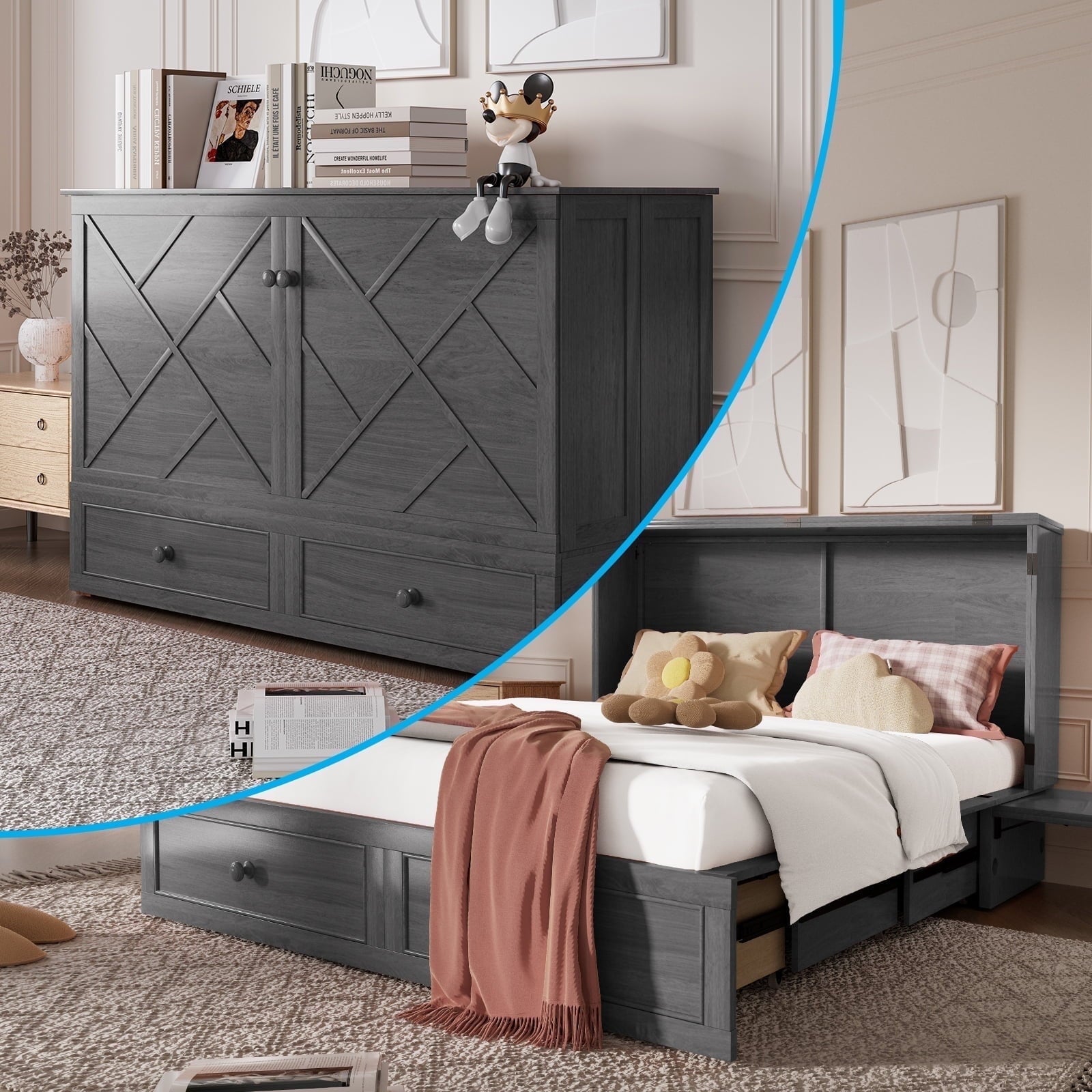 Puremind Queen Size Murphy Bed with Mattress, Murphy Cube Cabinet Bed with USB Charging Station and Large Storage Drawer, Murphy Chest Bed for Small Guest Room/Home/Office,