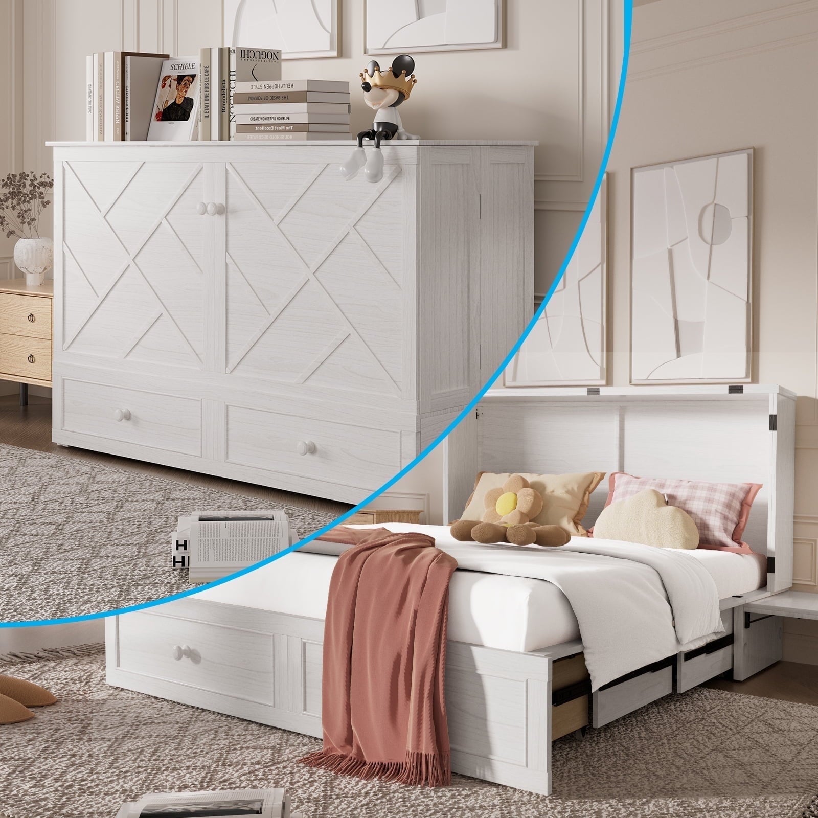 Puremind Queen Size Murphy Bed with Mattress, Murphy Cube Cabinet Bed with USB Charging Station and Large Storage Drawer, Murphy Chest Bed for Small Guest Room/Home/Office,