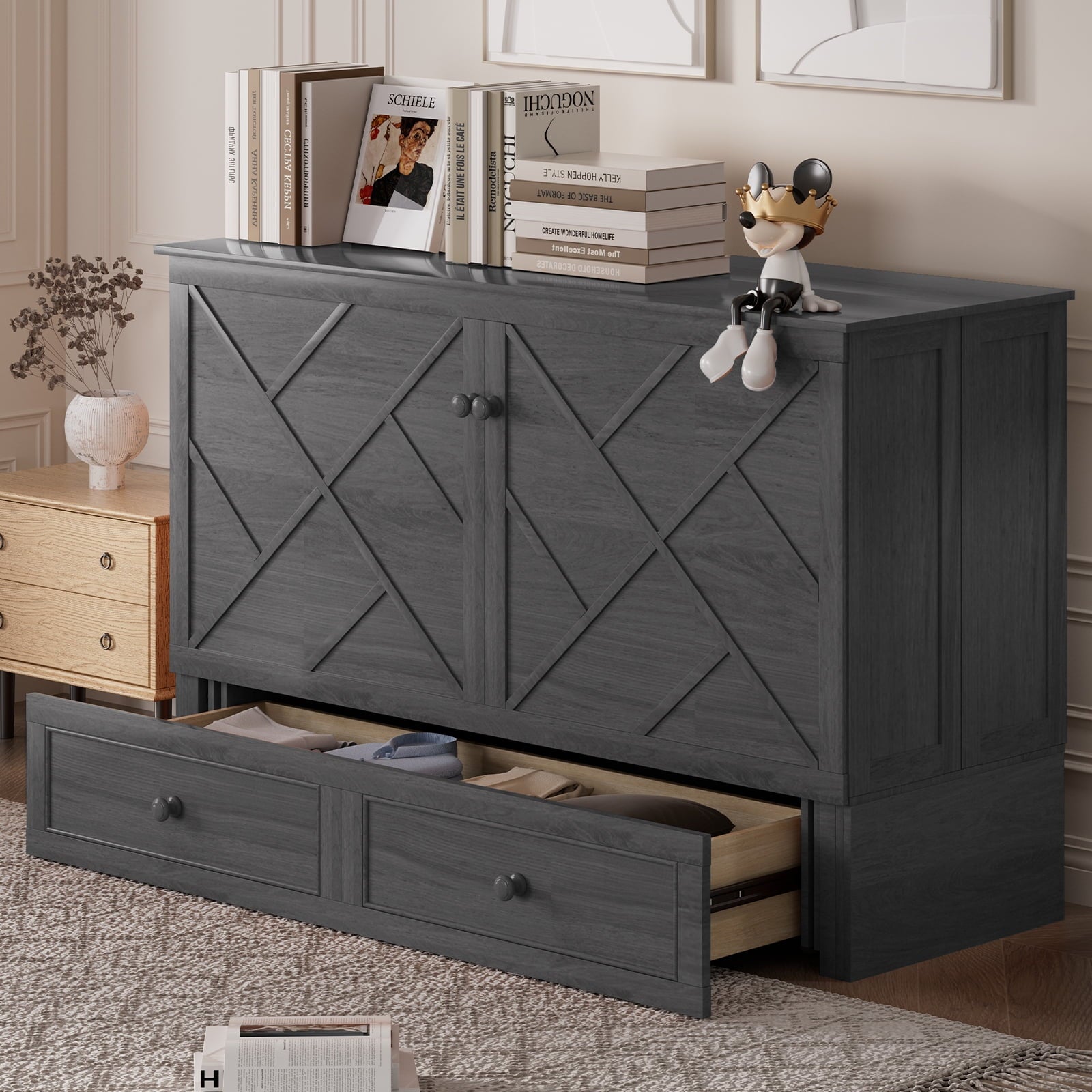 Puremind Queen Size Murphy Bed with Foldable Mattress, Cabinet Bed with Storage Drawer and Charging Ports, Murphy Bed Furniture for Bedroom/Office,