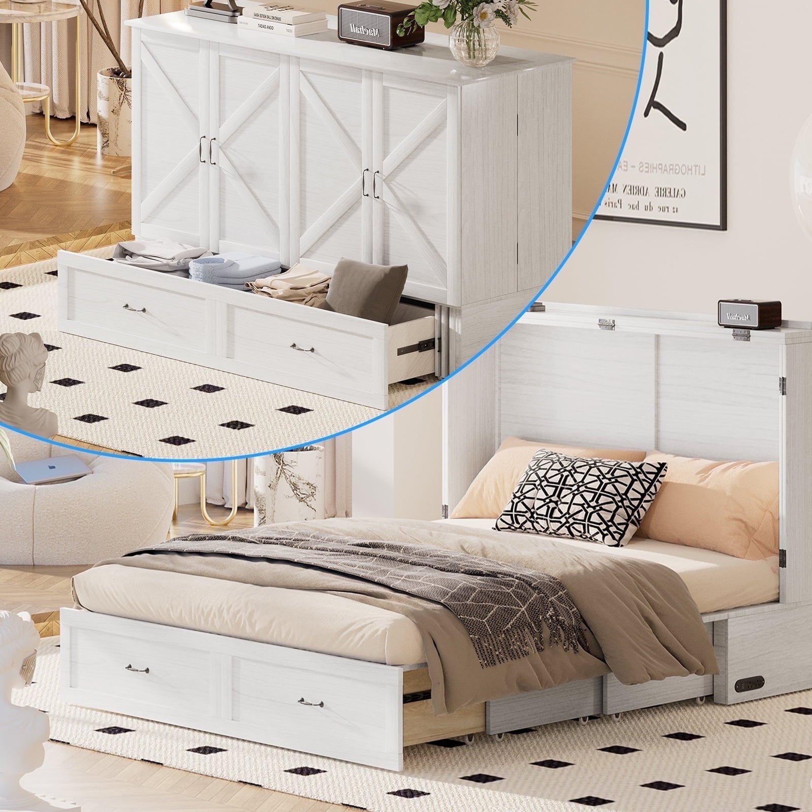 Puremind Queen Size Murphy Bed with Foldable Mattress, Cabinet Bed with Storage Drawer and Charging Ports, Murphy Bed Furniture for Bedroom/Office,