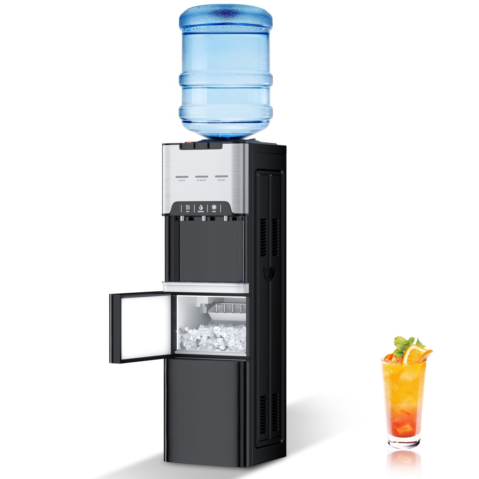 TABU 3 in 1 Water Dispenser with Ice Maker, Cold/Hot Temperature, 3 or 5 Gallon, Top Loading,Black