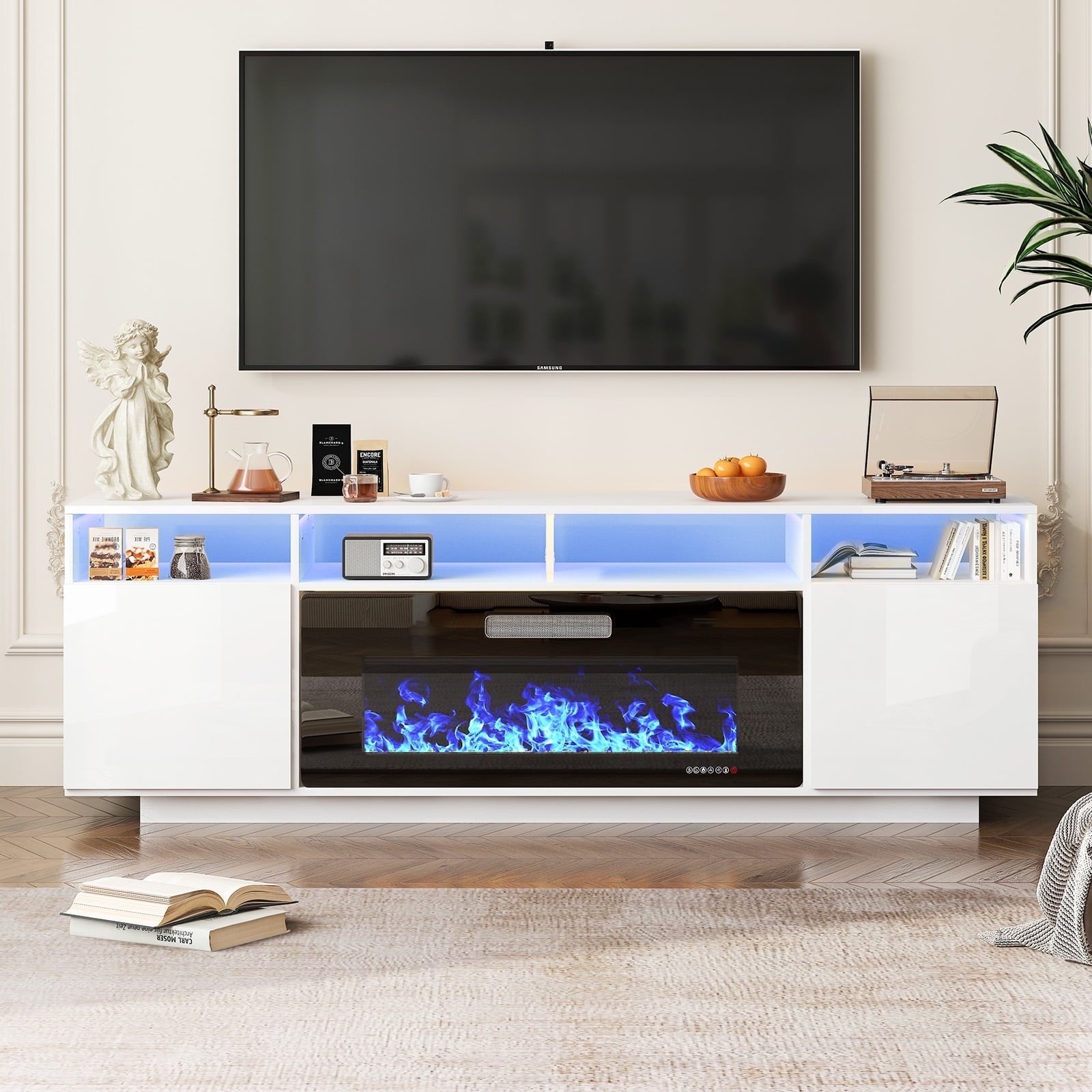 TABU 70" Floating Fireplace TV Stand with 36" Electric Fireplace,Wall Mounted TV Stand with Fireplace for TVs up to 90",White