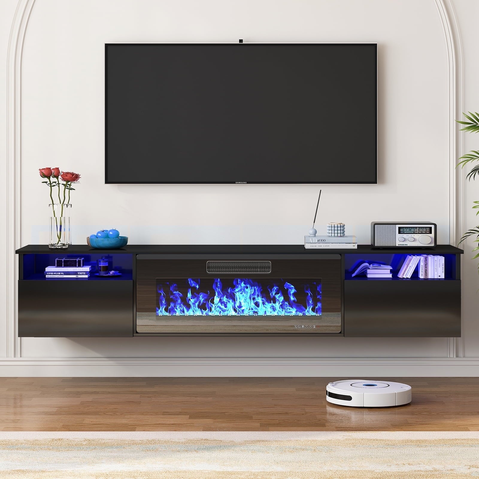 TABU 70" Floating Fireplace TV Stand with 36" Electric Fireplace,Wall Mounted TV Stand with Fireplace for TVs up to 90",White
