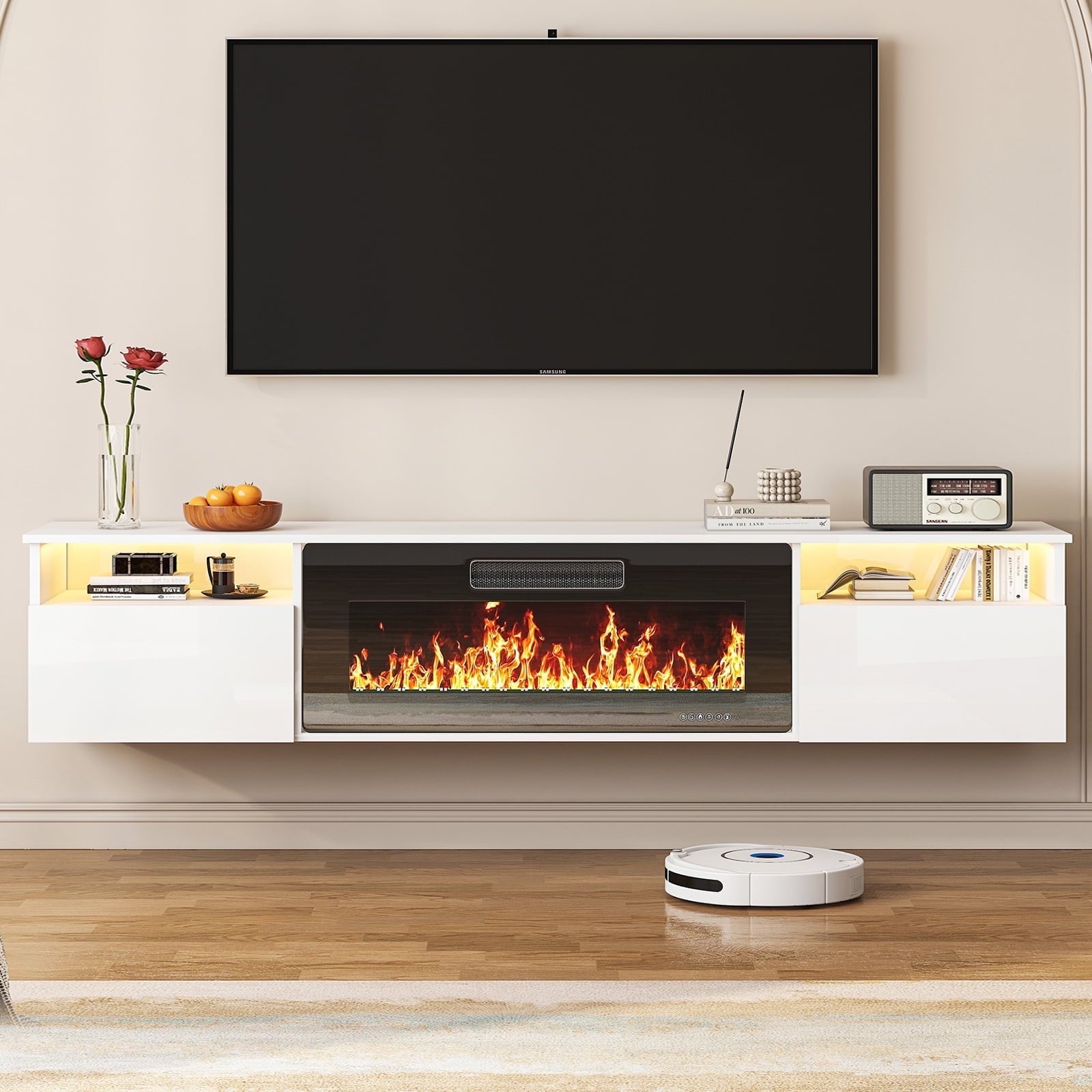 TABU 70" Floating Fireplace TV Stand with 36" Electric Fireplace,Wall Mounted TV Stand with Fireplace for TVs up to 90",White