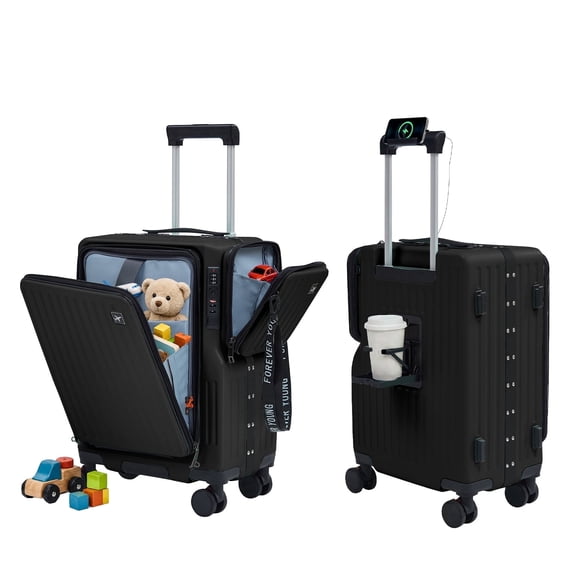TABU Carry On Luggage with Side Bag, Front Opening Suitcase with Cup Holder & Phone Mount, USB & Type-C Port, TSA Lock, Phone Mount, Purple