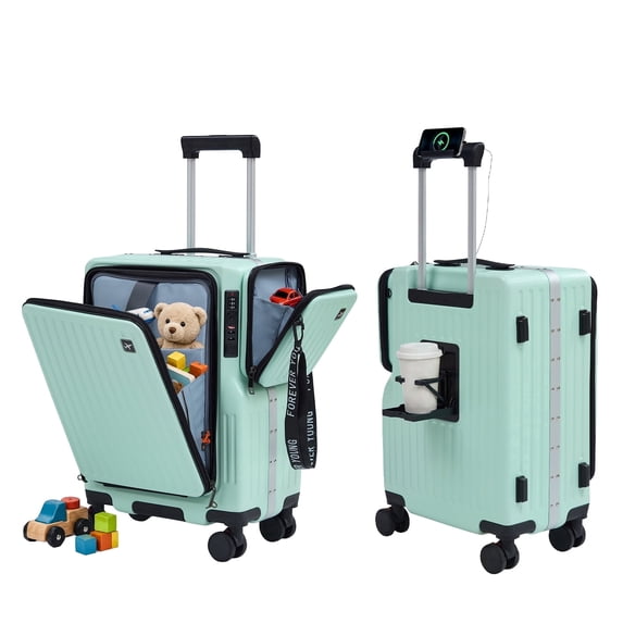 TABU Carry On Luggage with Side Bag, Front Opening Suitcase with Cup Holder & Phone Mount, USB & Type-C Port, TSA Lock, Phone Mount, Purple