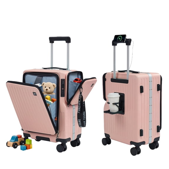 TABU Carry On Luggage with Side Bag, Front Opening Suitcase with Cup Holder & Phone Mount, USB & Type-C Port, TSA Lock, Phone Mount, Purple