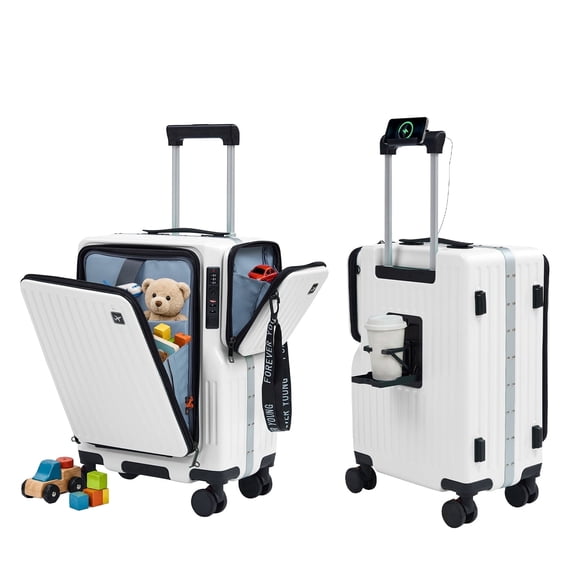 TABU Carry On Luggage with Side Bag, Front Opening Suitcase with Cup Holder & Phone Mount, USB & Type-C Port, TSA Lock, Phone Mount, Purple