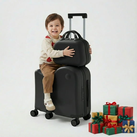 TABU Kids Ride on Luggage with Handbag, Hardshell Suitcase with 6-Spinner Wheels,Hidden Cup Holder,Foldable Pedal,White