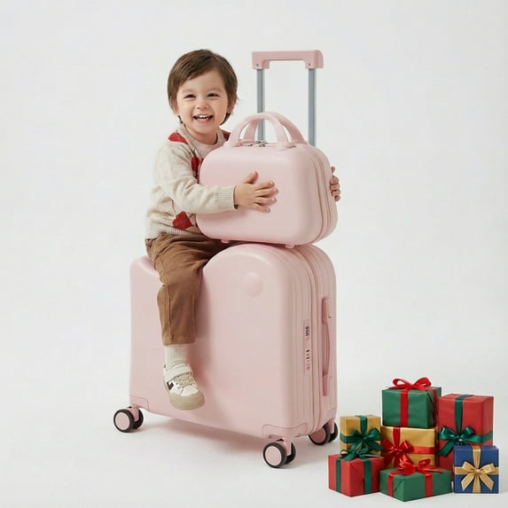 TABU Kids Ride on Luggage with Handbag, Hardshell Suitcase with 6-Spinner Wheels,Hidden Cup Holder,Foldable Pedal,White