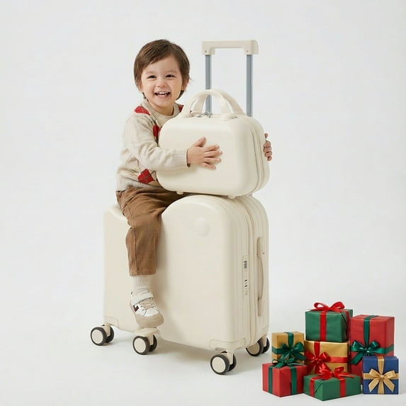 TABU Kids Ride on Luggage with Handbag, Hardshell Suitcase with 6-Spinner Wheels,Hidden Cup Holder,Foldable Pedal,White