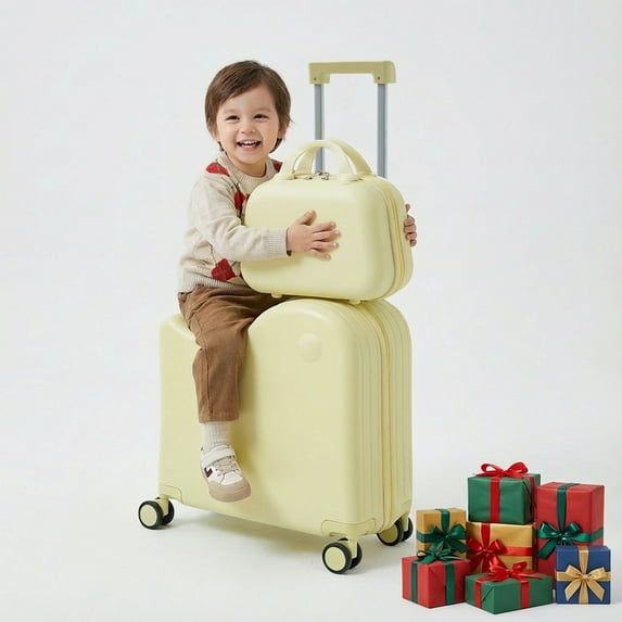 TABU Kids Ride on Luggage with Handbag, Hardshell Suitcase with 6-Spinner Wheels,Hidden Cup Holder,Foldable Pedal,White
